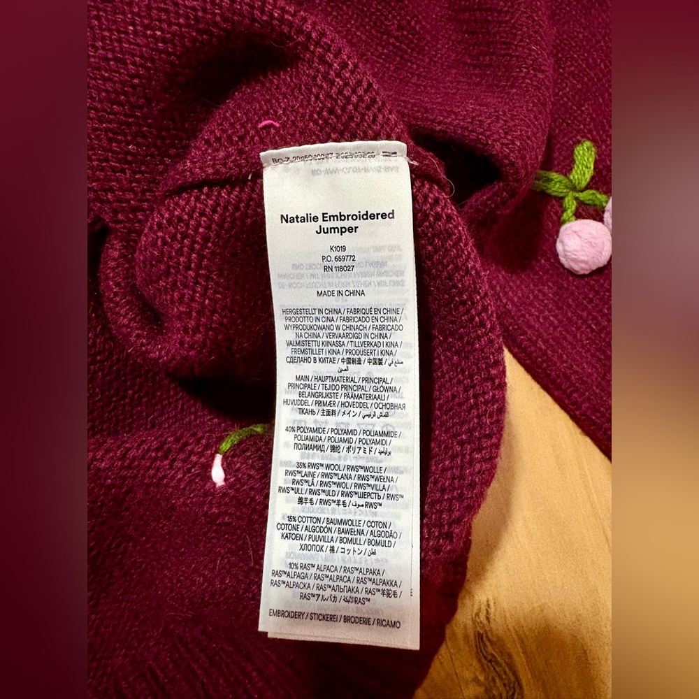 NWT Boden Women’s Natalie Embroidered Sweater Size S Color Cherry Wine New - Picture 6 of 8